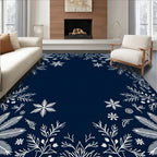 Dark Blue White Winter Floral Border Rug