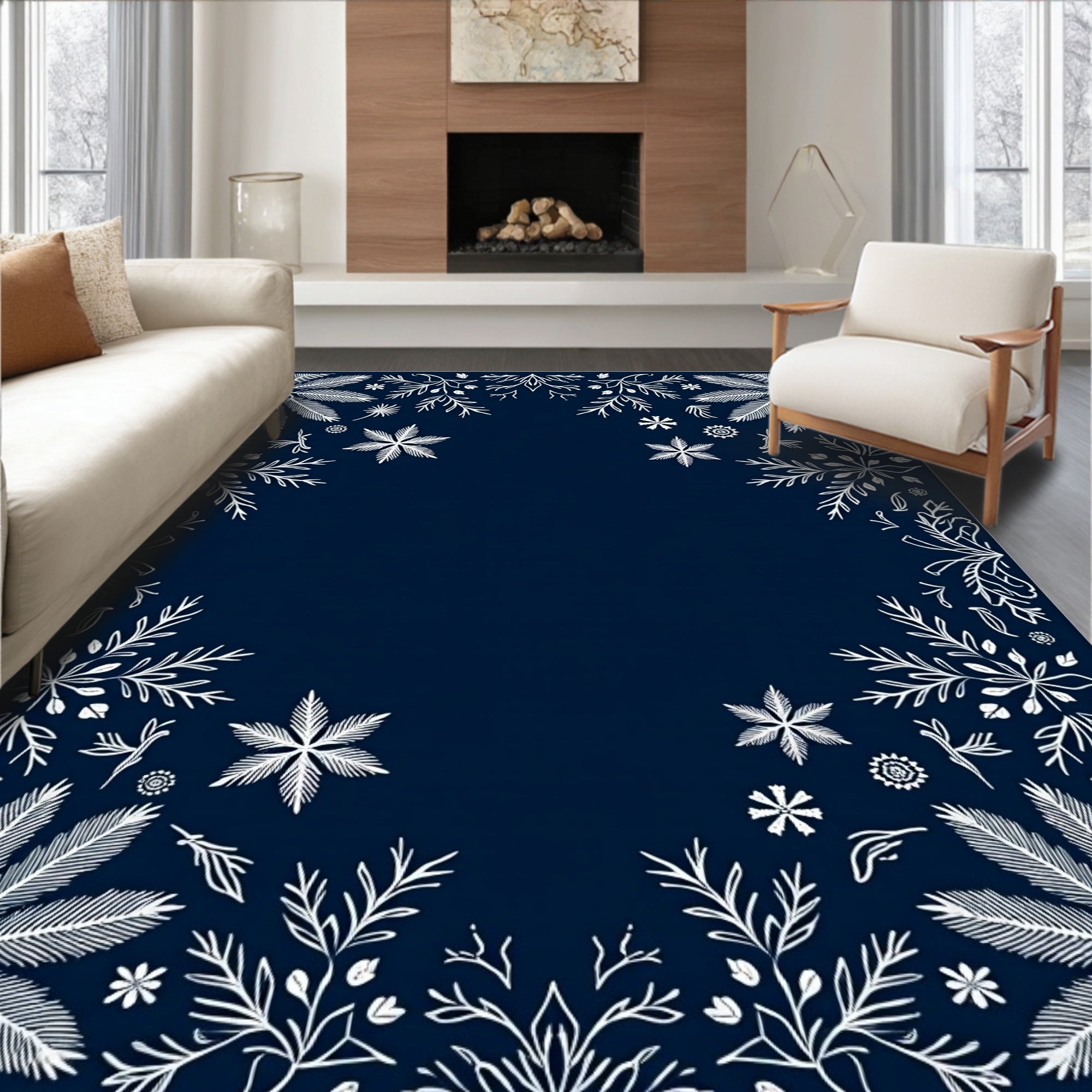 Dark Blue White Winter Floral Border Rug