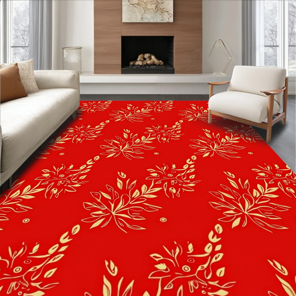 Crimson Red Golden Floral Branch Arrangement Rug