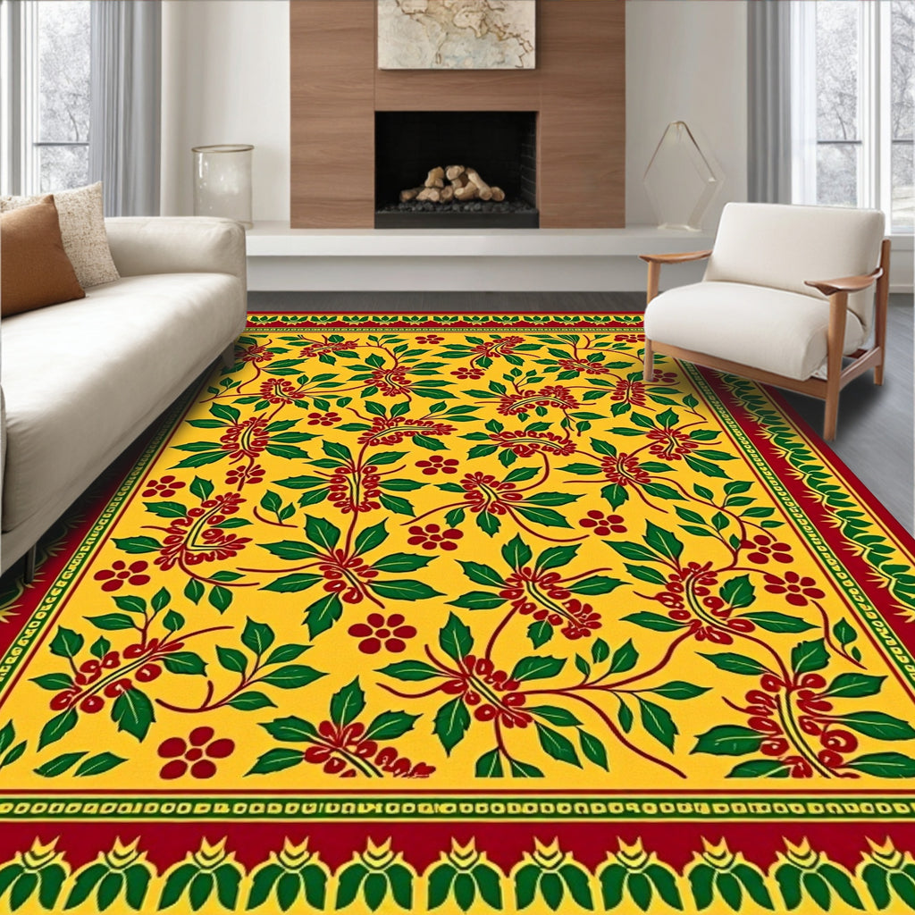 Yellow Red Green Floral Botanical Border Rug