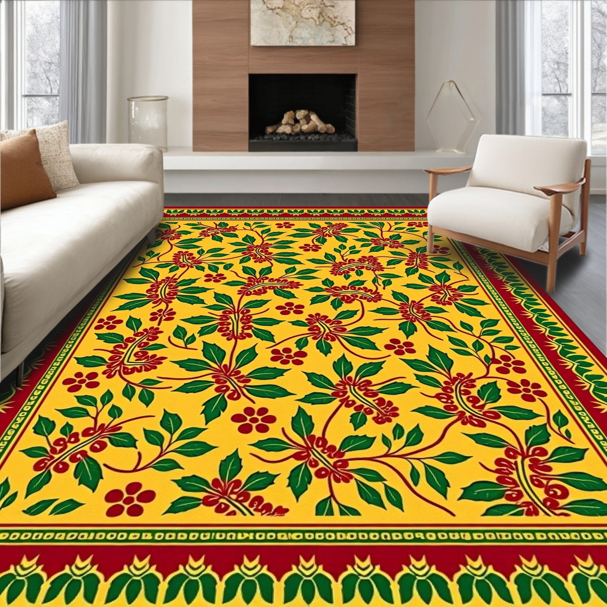Yellow Red Green Floral Botanical Border Rug
