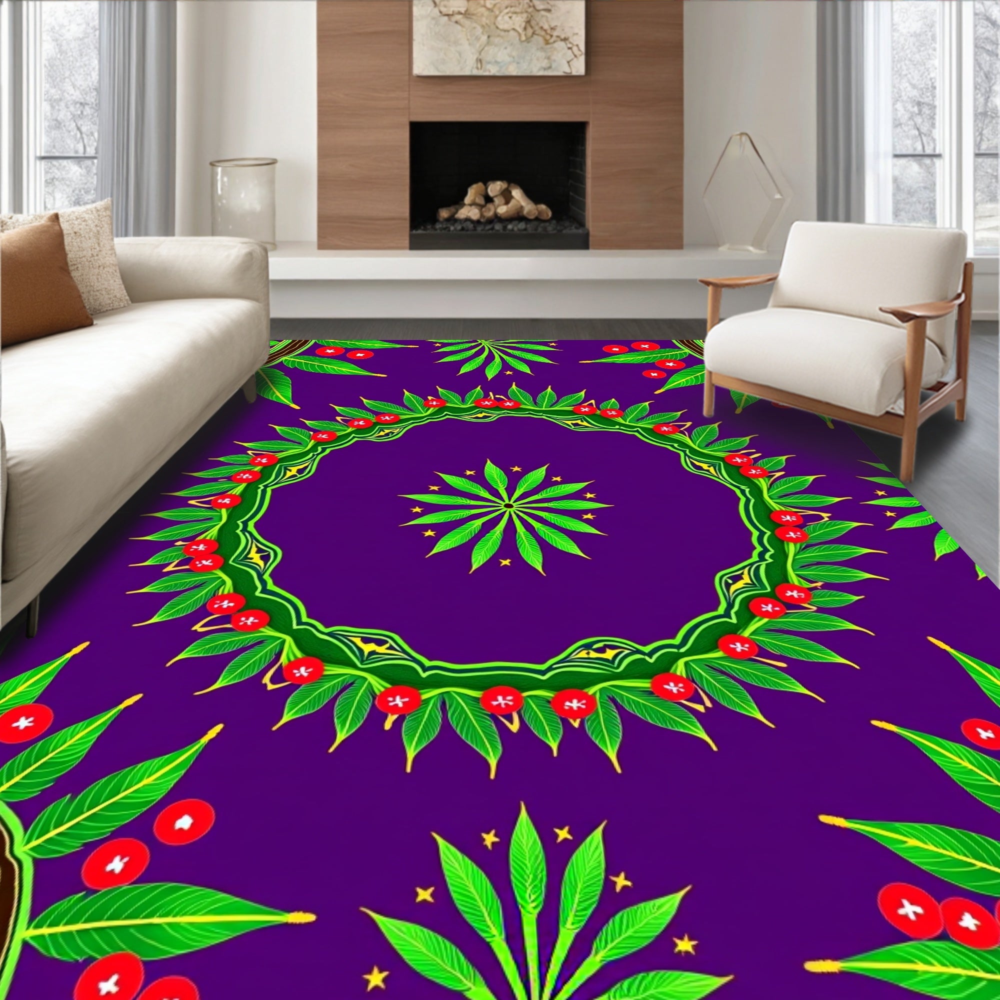 Vibrant Green Leaf Berry Wreath Rug