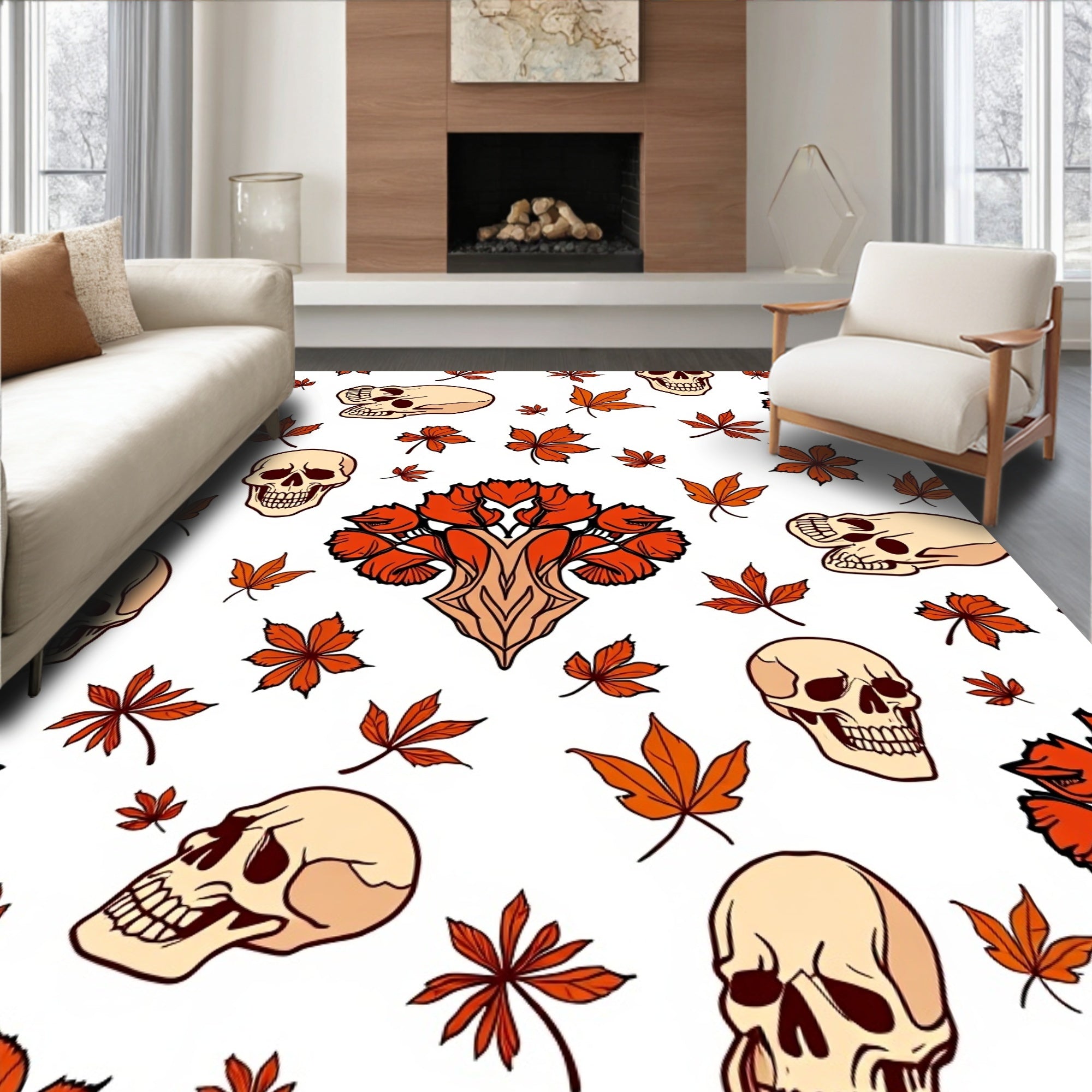 Autumn Skulls And Orange Leaves Rug