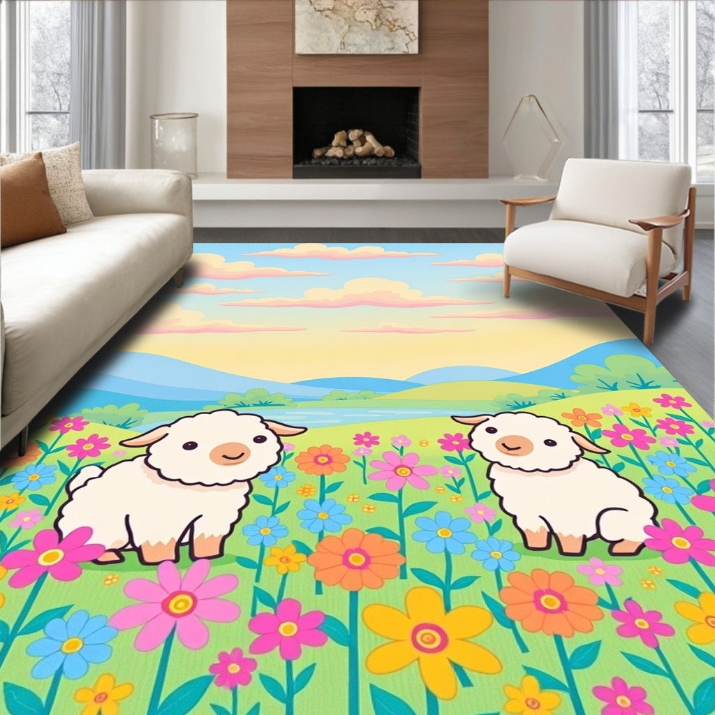 Pastel Sky Sheep Meadow Floral Landscape Rug