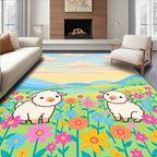 Pastel Sky Sheep Meadow Floral Landscape Rug