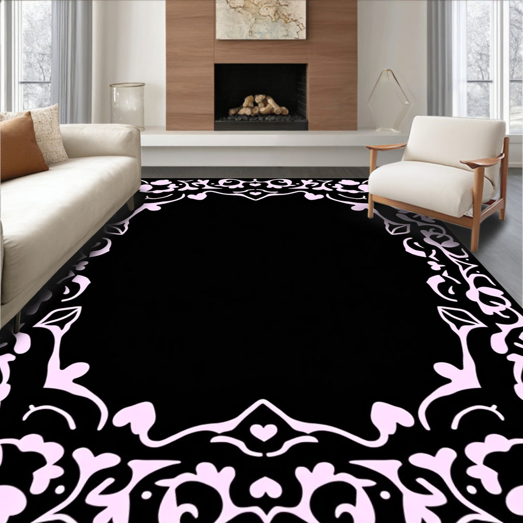 Whimsical Pink Floral Heart Border Rug