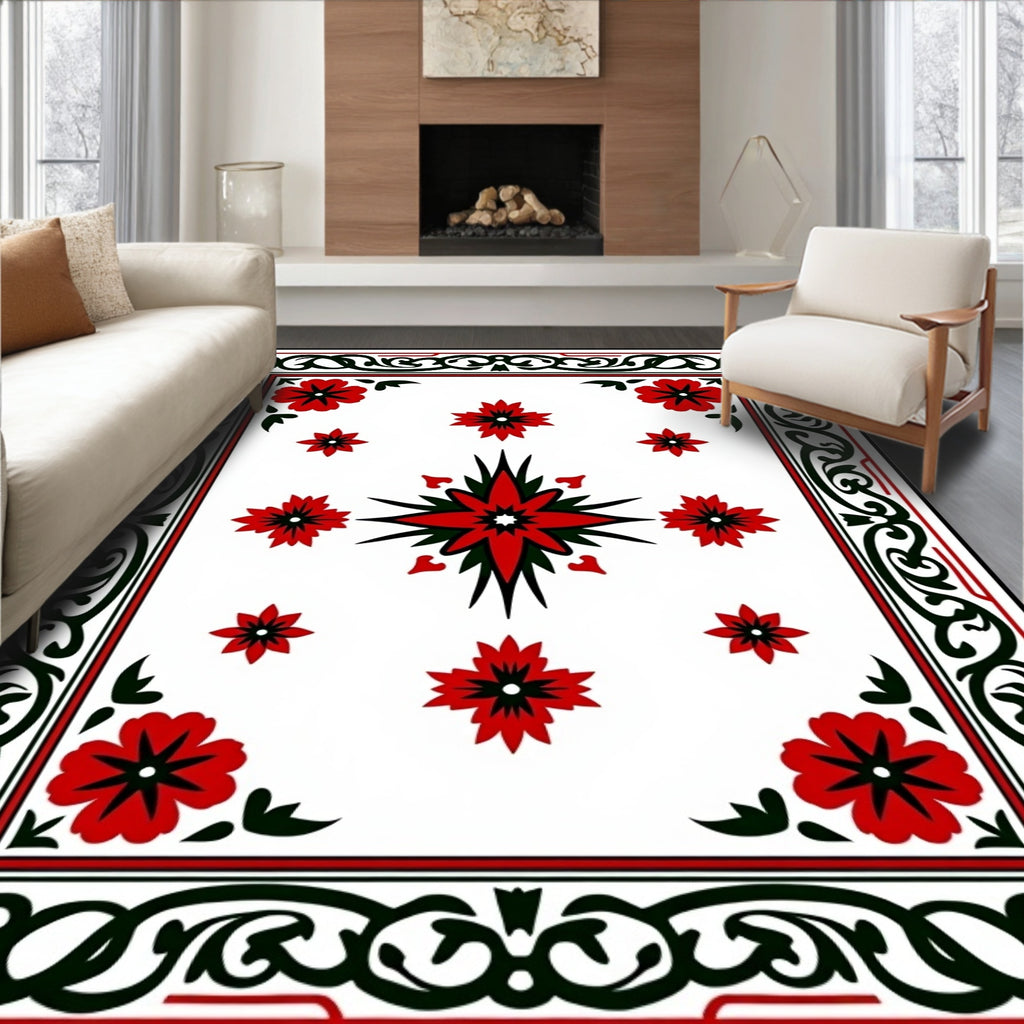 Red Floral Starburst Border Rug