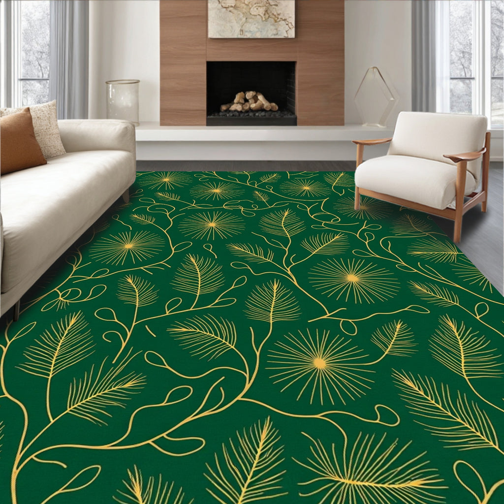 Emerald Green Golden Floral Swirl Rug