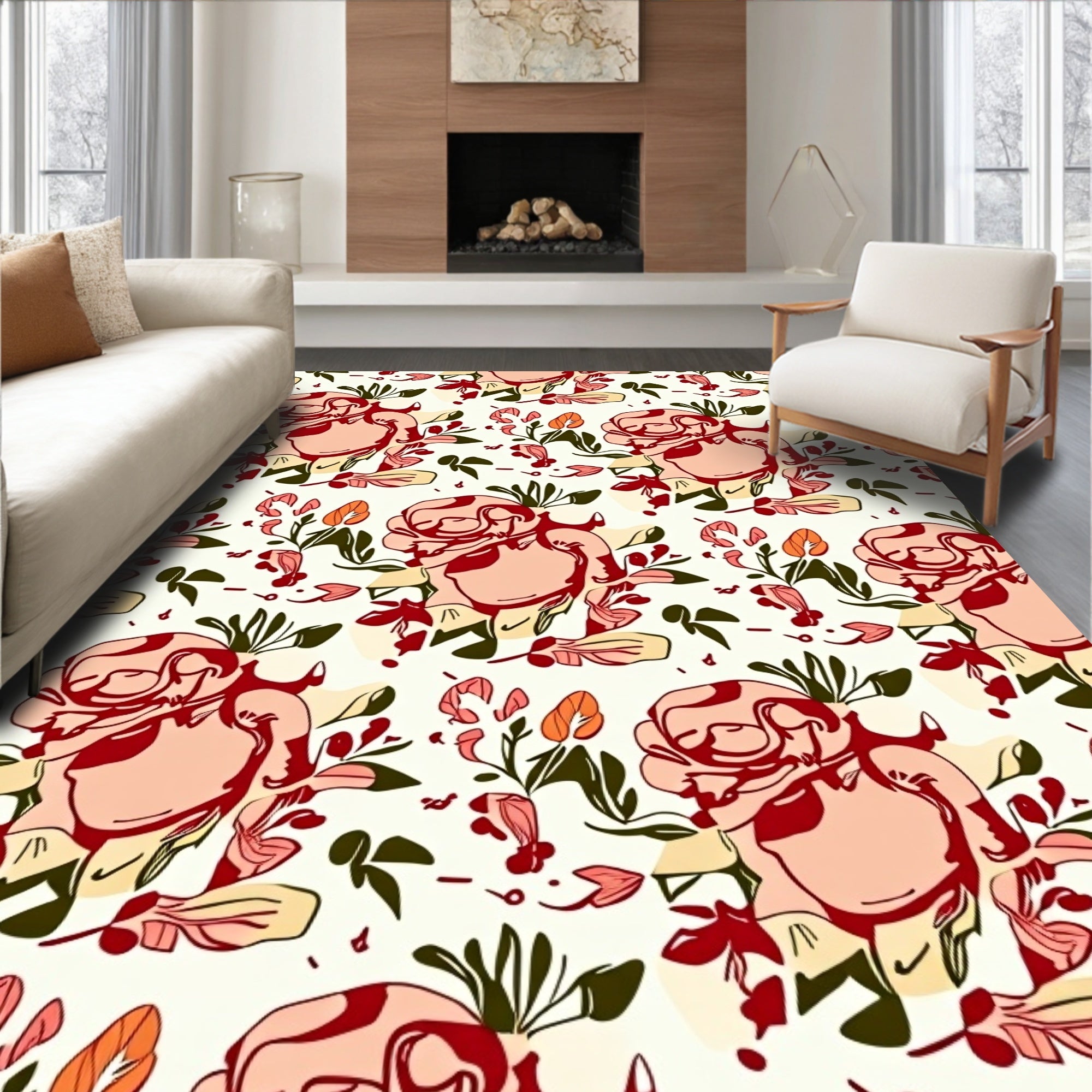 Blush Pink Rose Blossom Botanical Rug