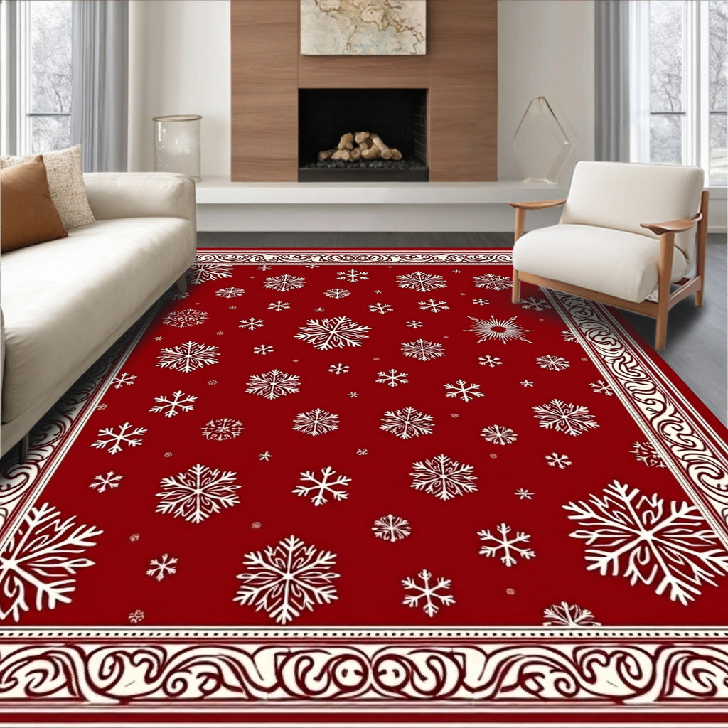 Crimson White Snowflake Holiday Border Rug