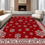 Crimson White Snowflake Holiday Border Rug