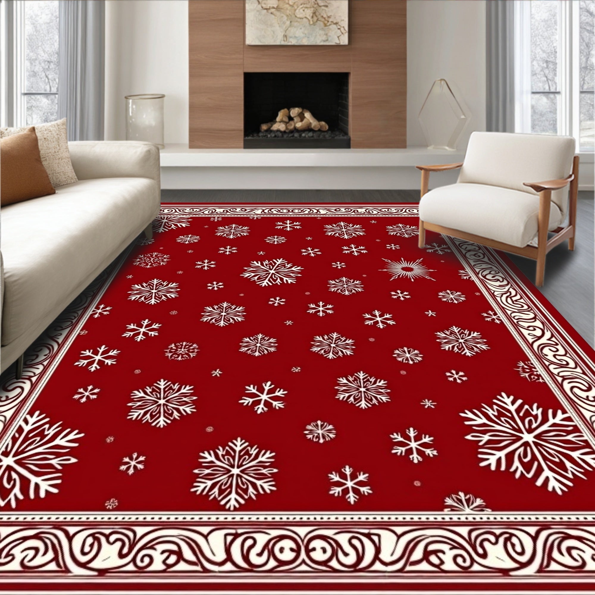 Crimson White Snowflake Holiday Border Rug