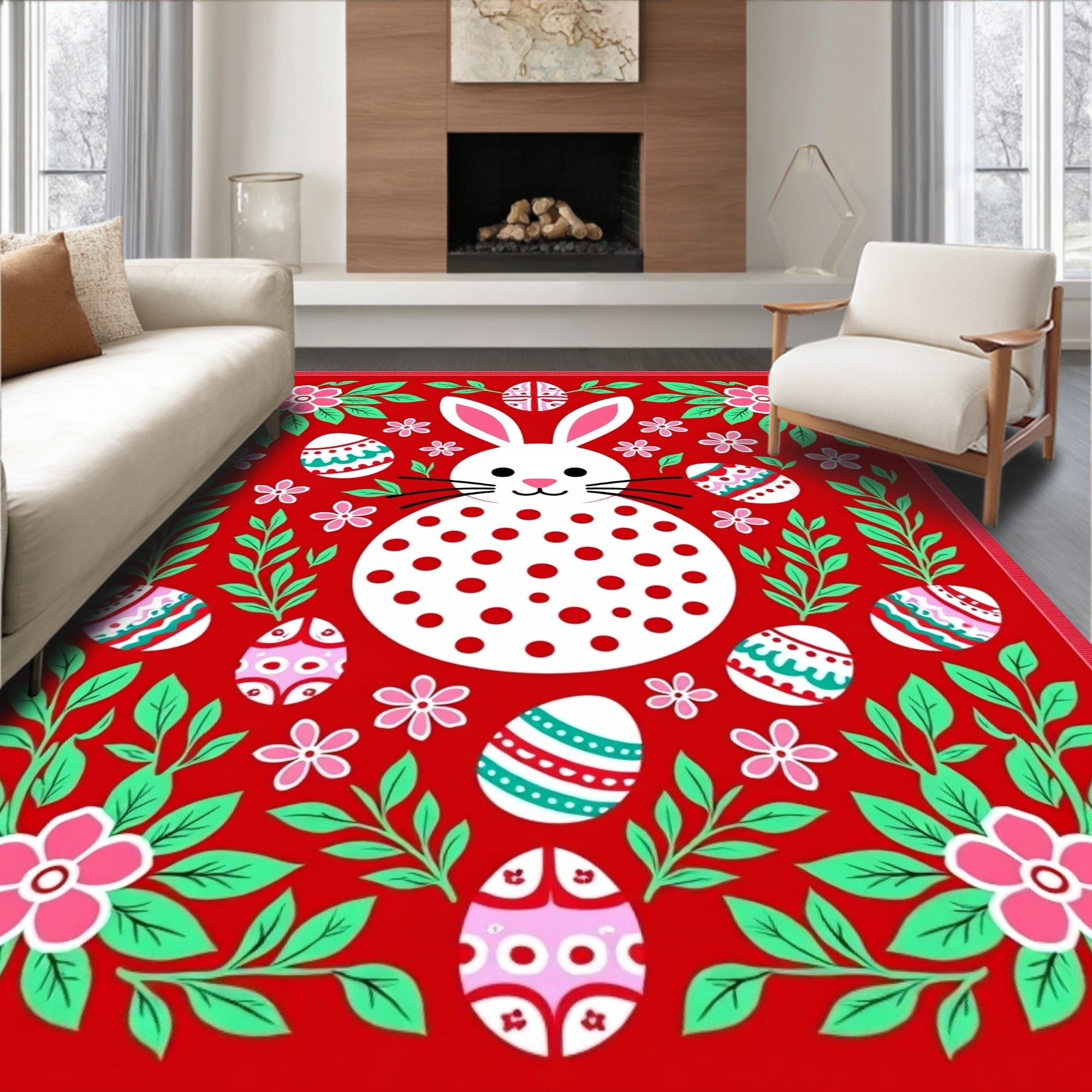 Red Easter Bunny Floral Egg Garland Rug