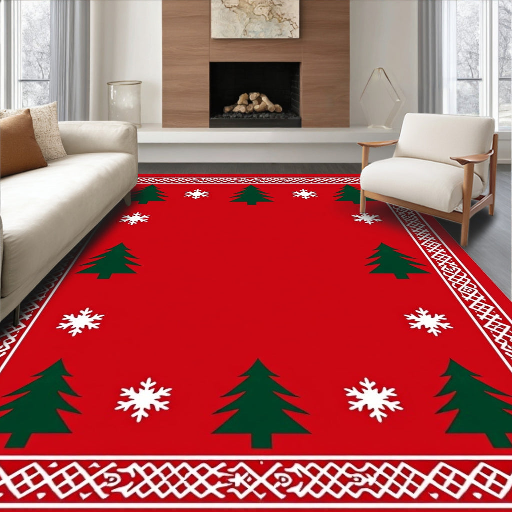 Festive Red Christmas Tree Snowflake Border Rug