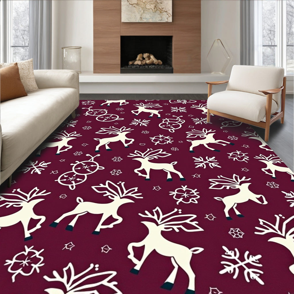 Cream Reindeer Snowflake Burgundy Accents Rug