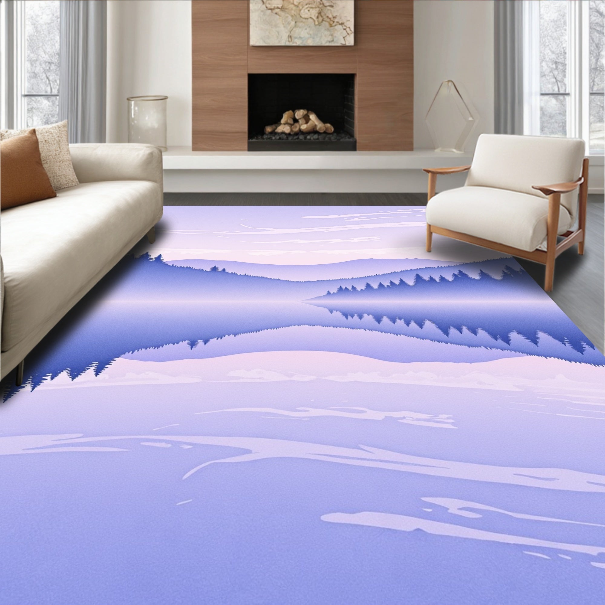 Lavender Mist Mountain Lake Reflection Rug