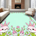 Cute Pink Bunny Floral Spring Meadow Rug