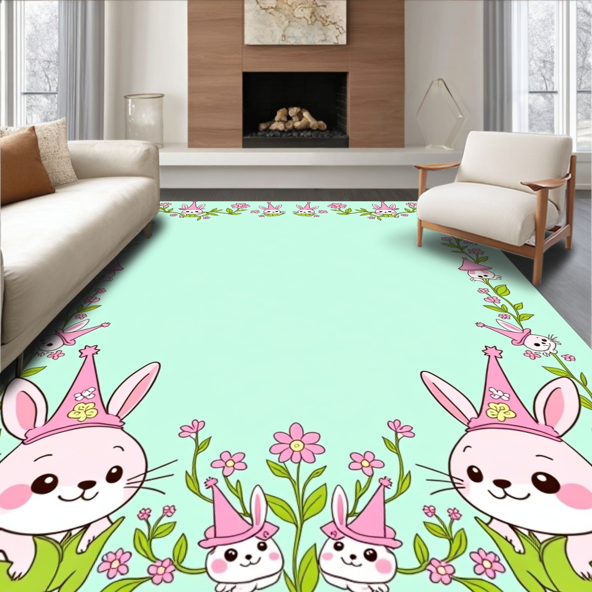 Cute Pink Bunny Floral Spring Meadow Rug