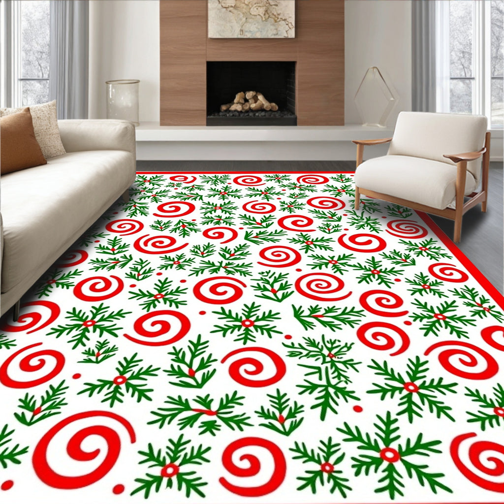 Red Green Swirl Pine Sprig Cluster Rug
