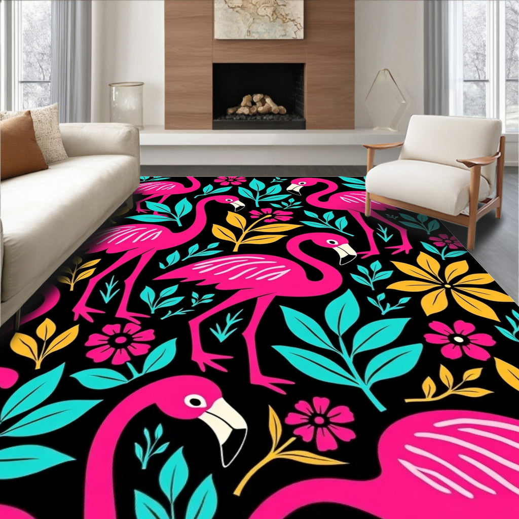 Vibrant Pink Flamingo Tropical Foliage Rug