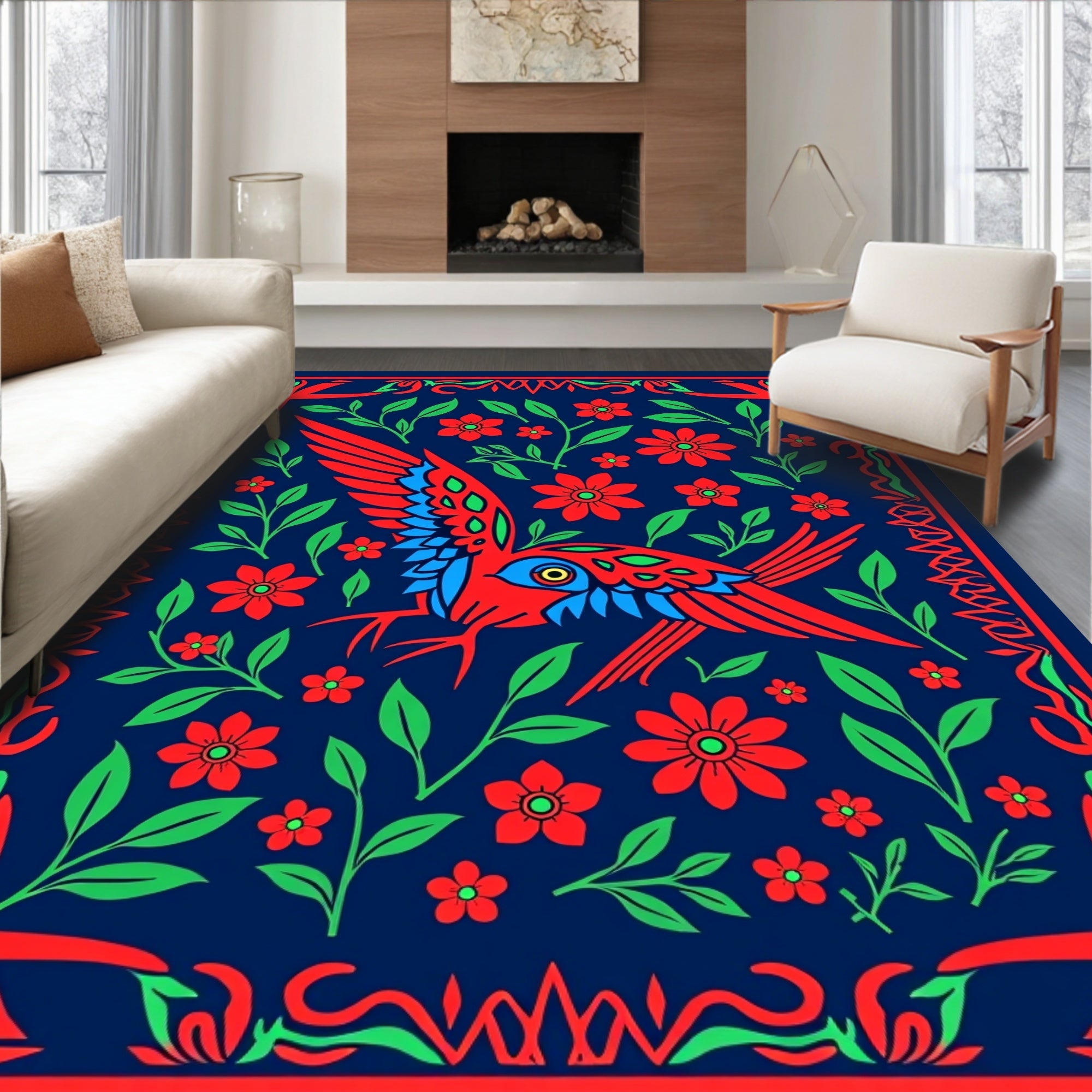 Red Blue Bird Crimson Floral Garden Rug