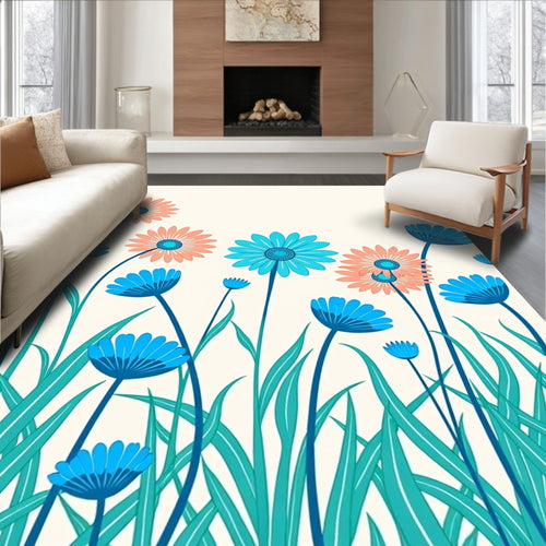 Blue Coral Daisy Garden Arrangement Rug