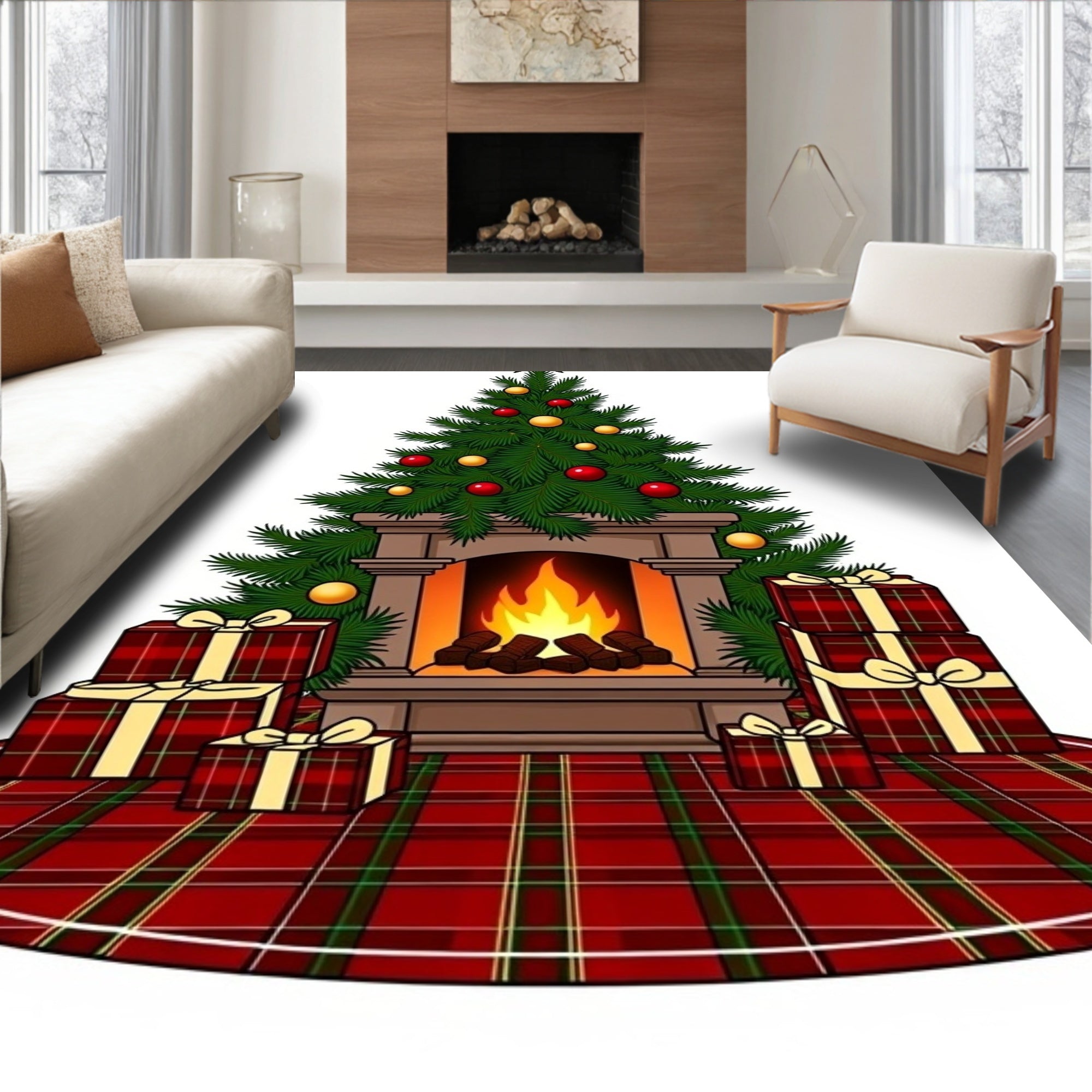 Classic Red Plaid Christmas Tree Rug