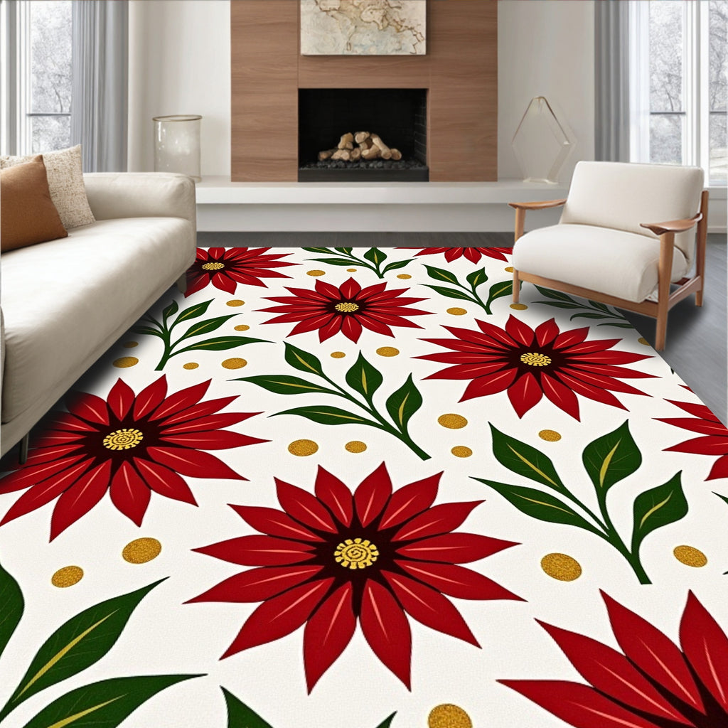 Crimson Flowers with Emerald Leaves Rug