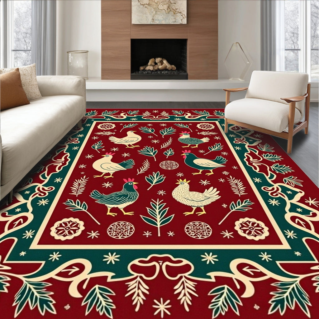 Crimson Folk Art Chickens Border Rug