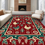 Crimson Folk Art Chickens Border Rug