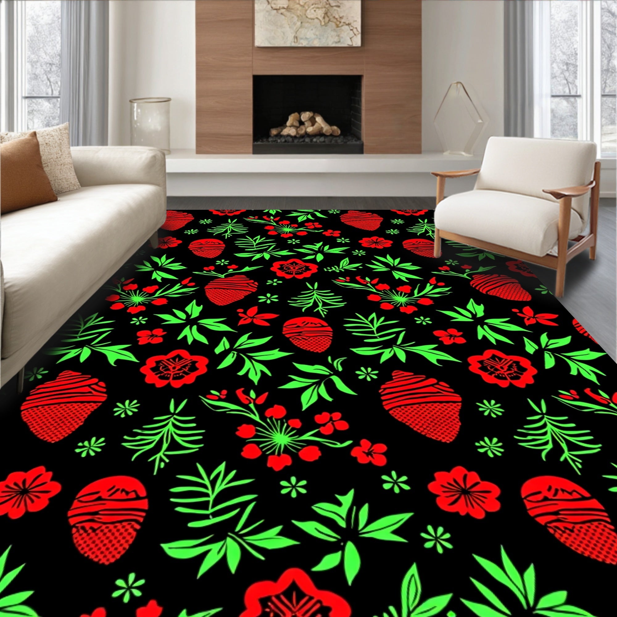 Vibrant Red Green Floral Acorn Rug