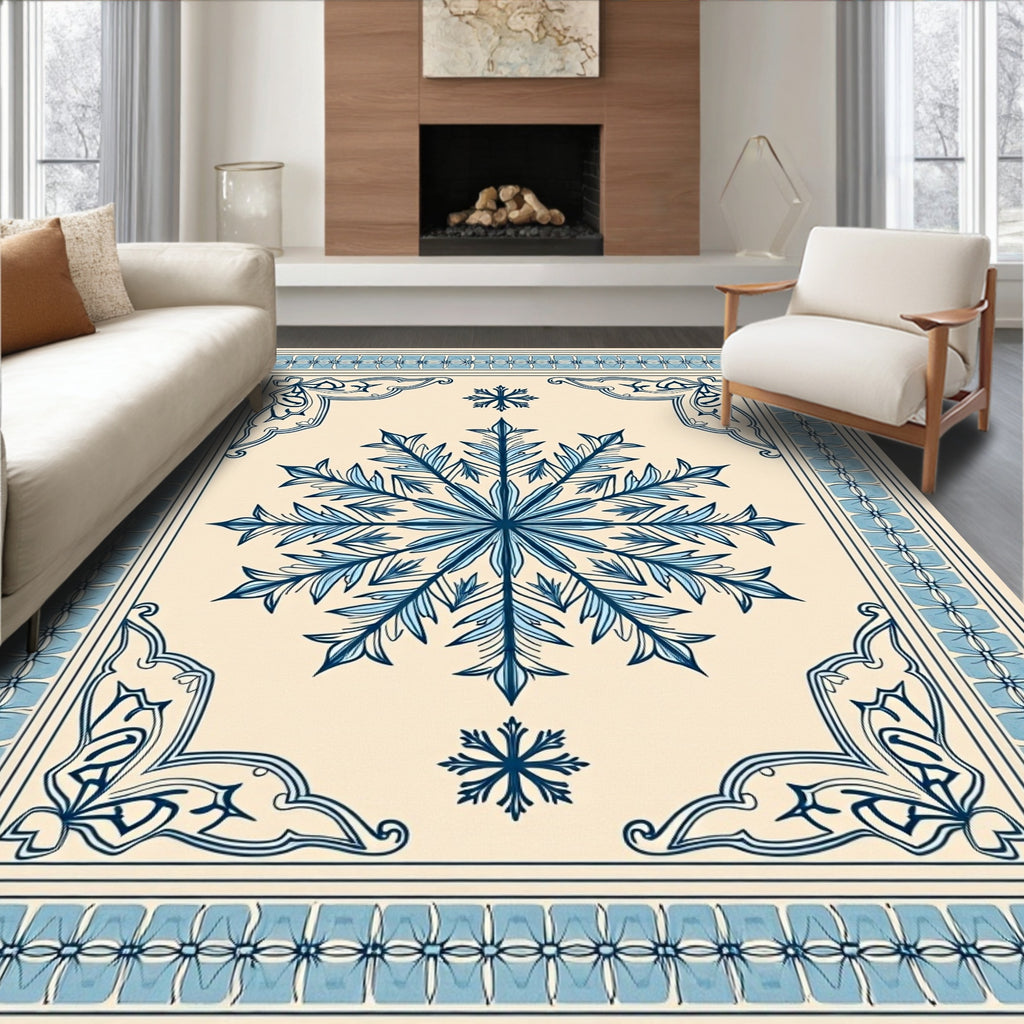 Elegant Blue Snowflake Medallion Border Rug