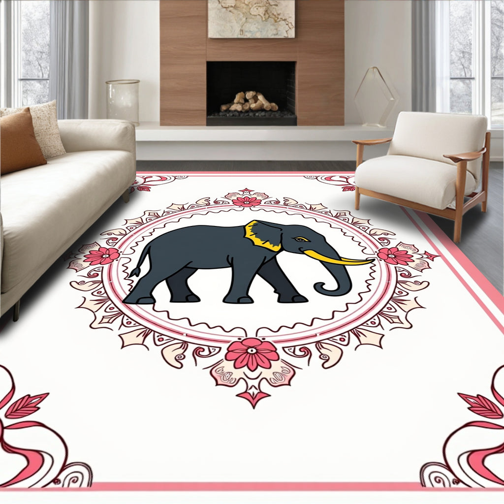 Pink Elephant Medallion Floral Border Rug