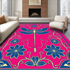 Vibrant Pink Blue Dragonfly Floral Border Rug