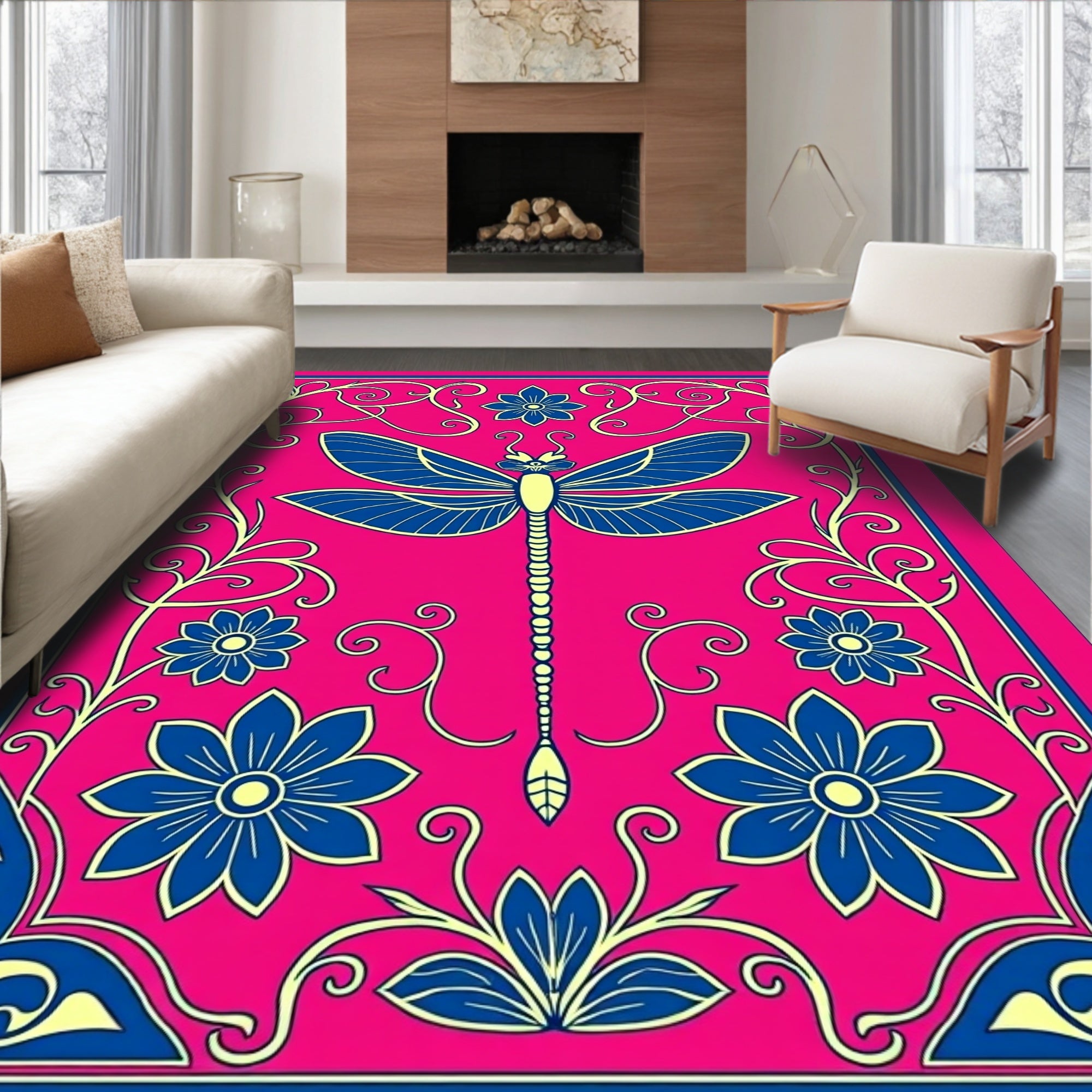 Vibrant Pink Blue Dragonfly Floral Border Rug