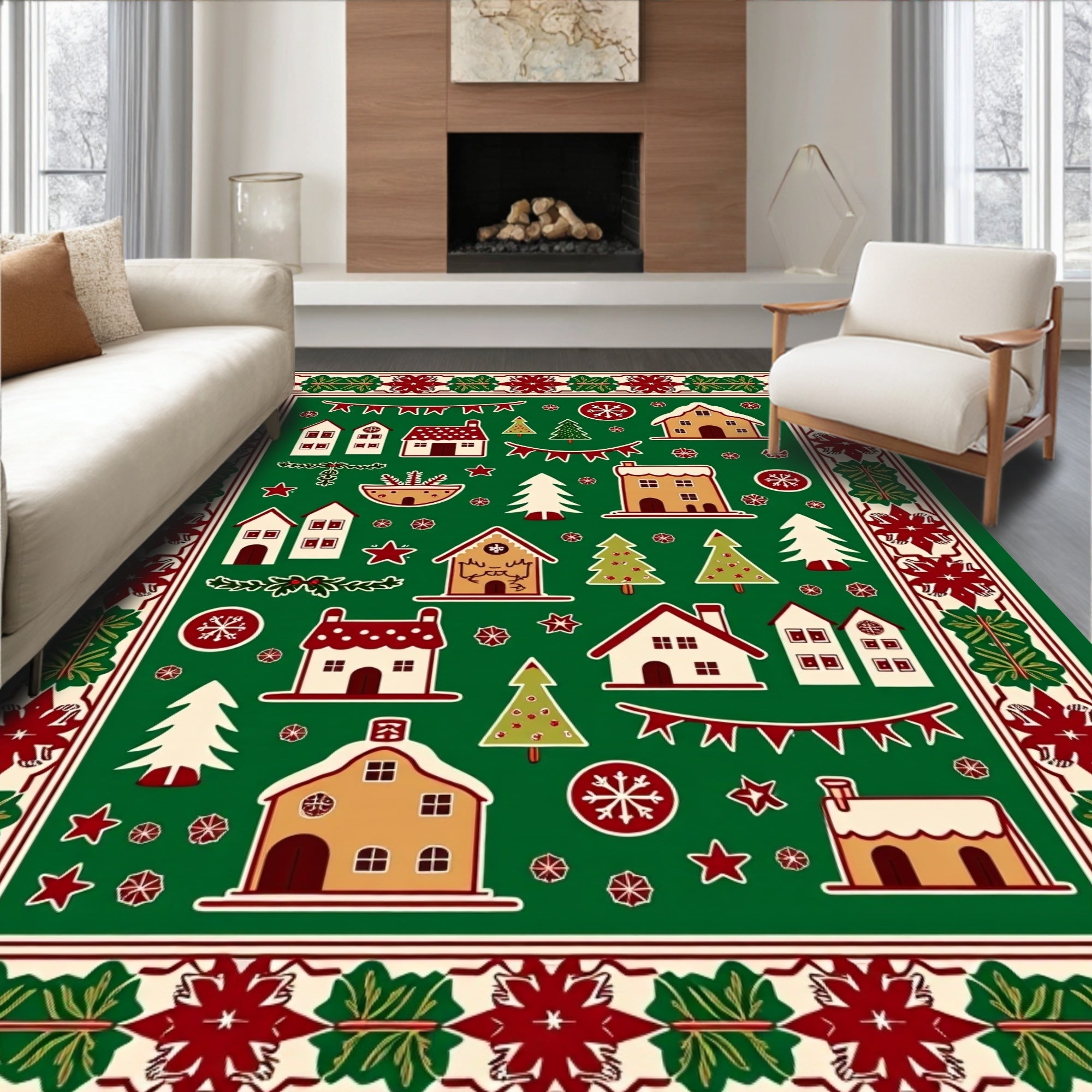 Christmas Village Houses Gingerbread Trees and Snowflakes Rug