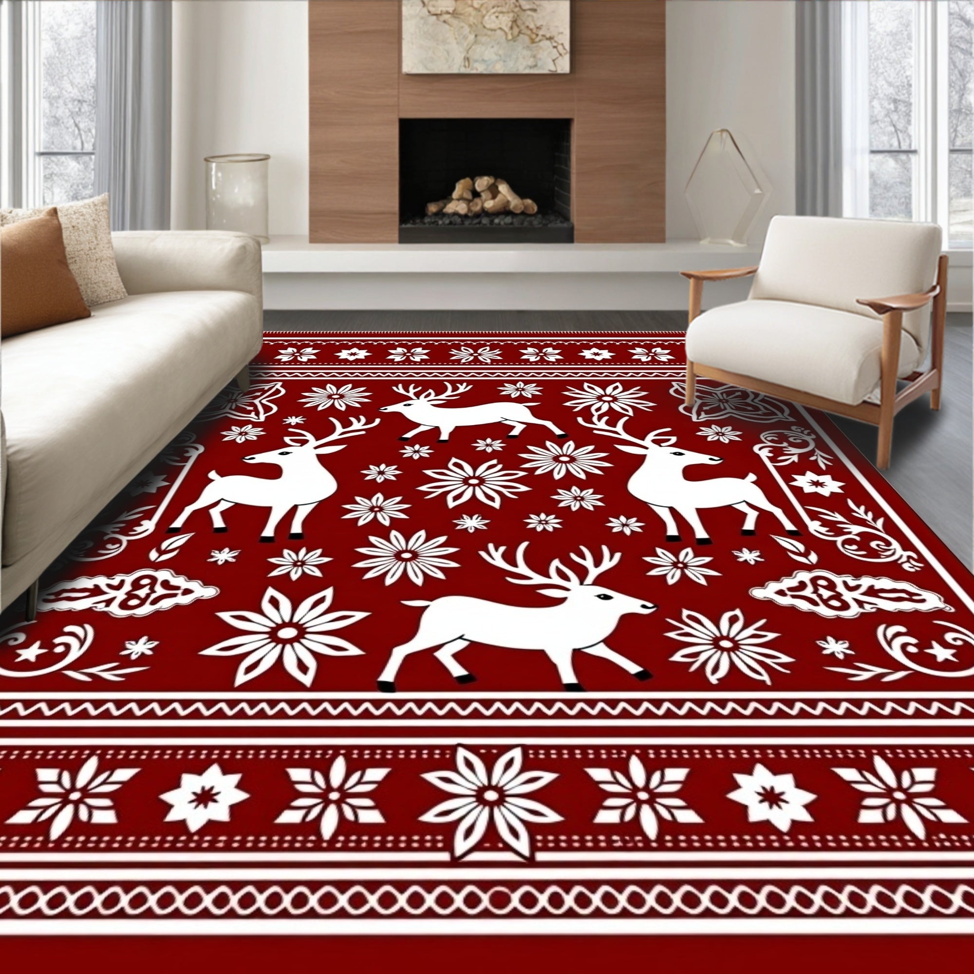 Rustic Red Deer Floral Medallion Rug
