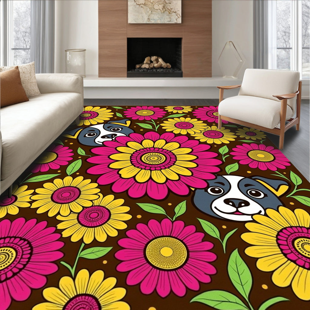 Whimsical Dog Flower Garden Rug