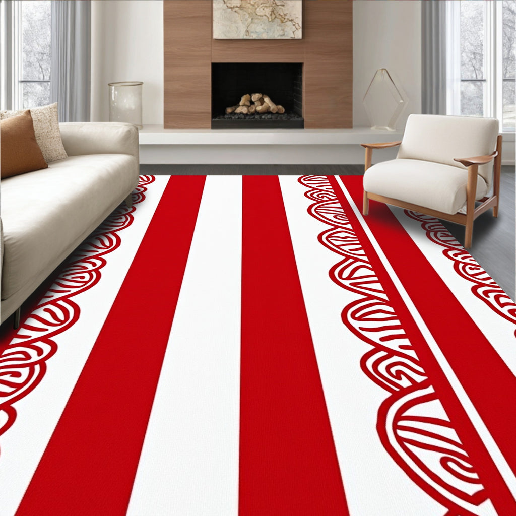 Crimson white scalloped stripe Rug