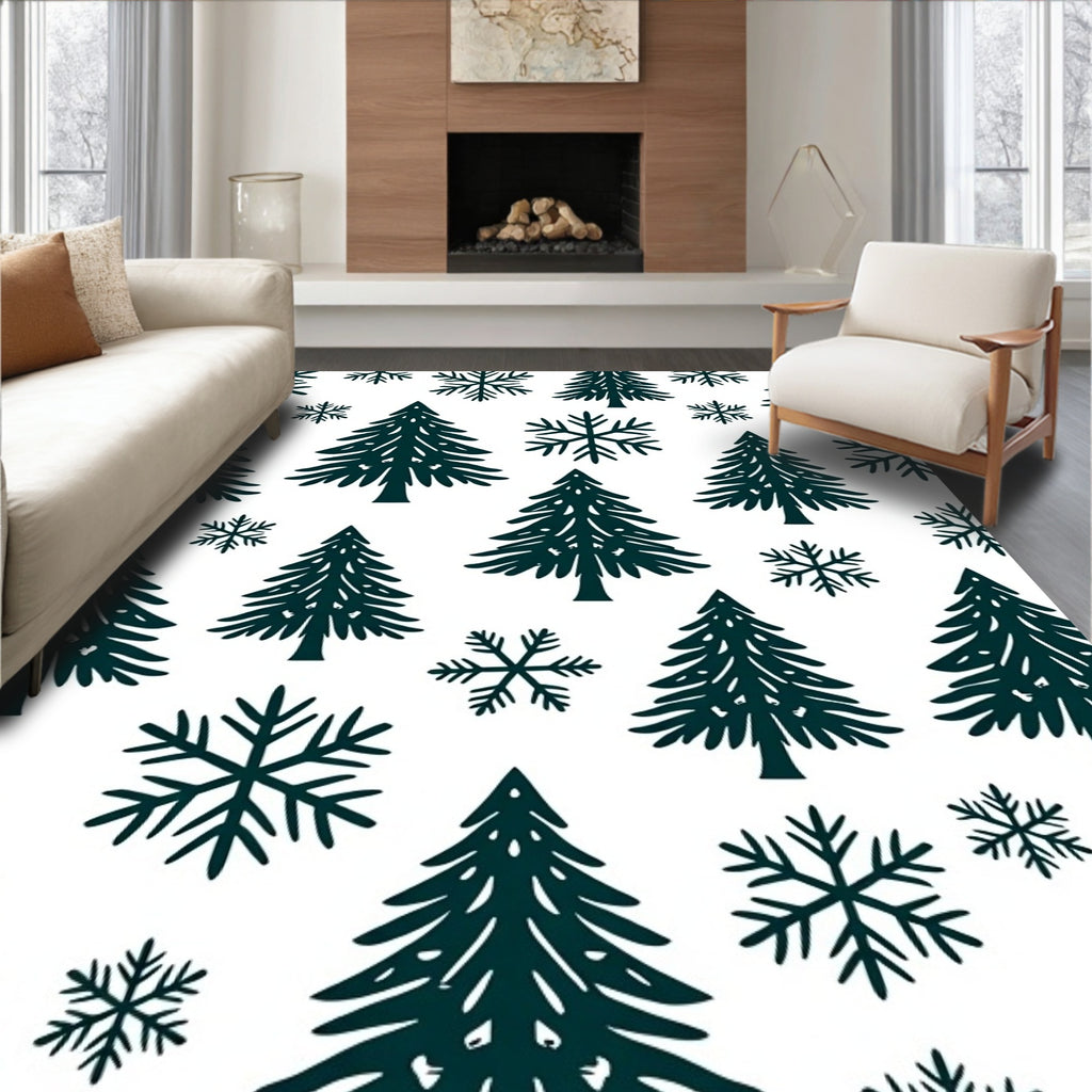 Dark Green Christmas Trees Snowflakes Rug