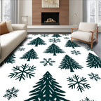 Dark Green Christmas Trees Snowflakes Rug