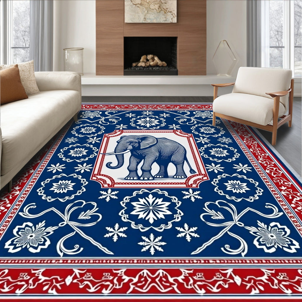 Grand Elephant Blue Red Floral Rug