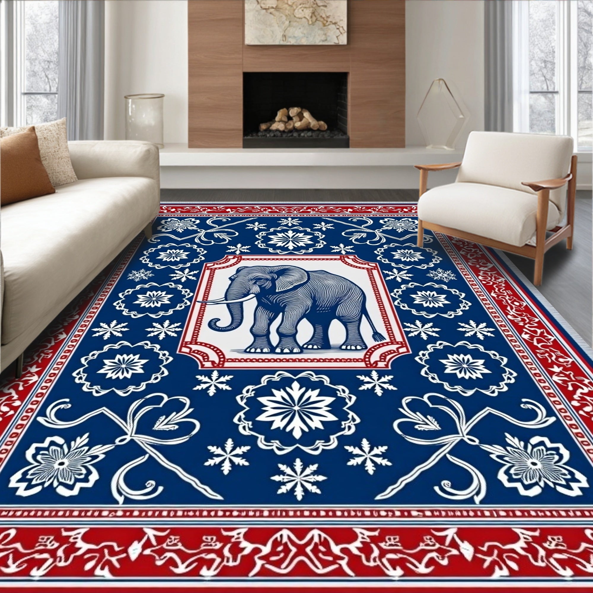 Grand Elephant Blue Red Floral Rug