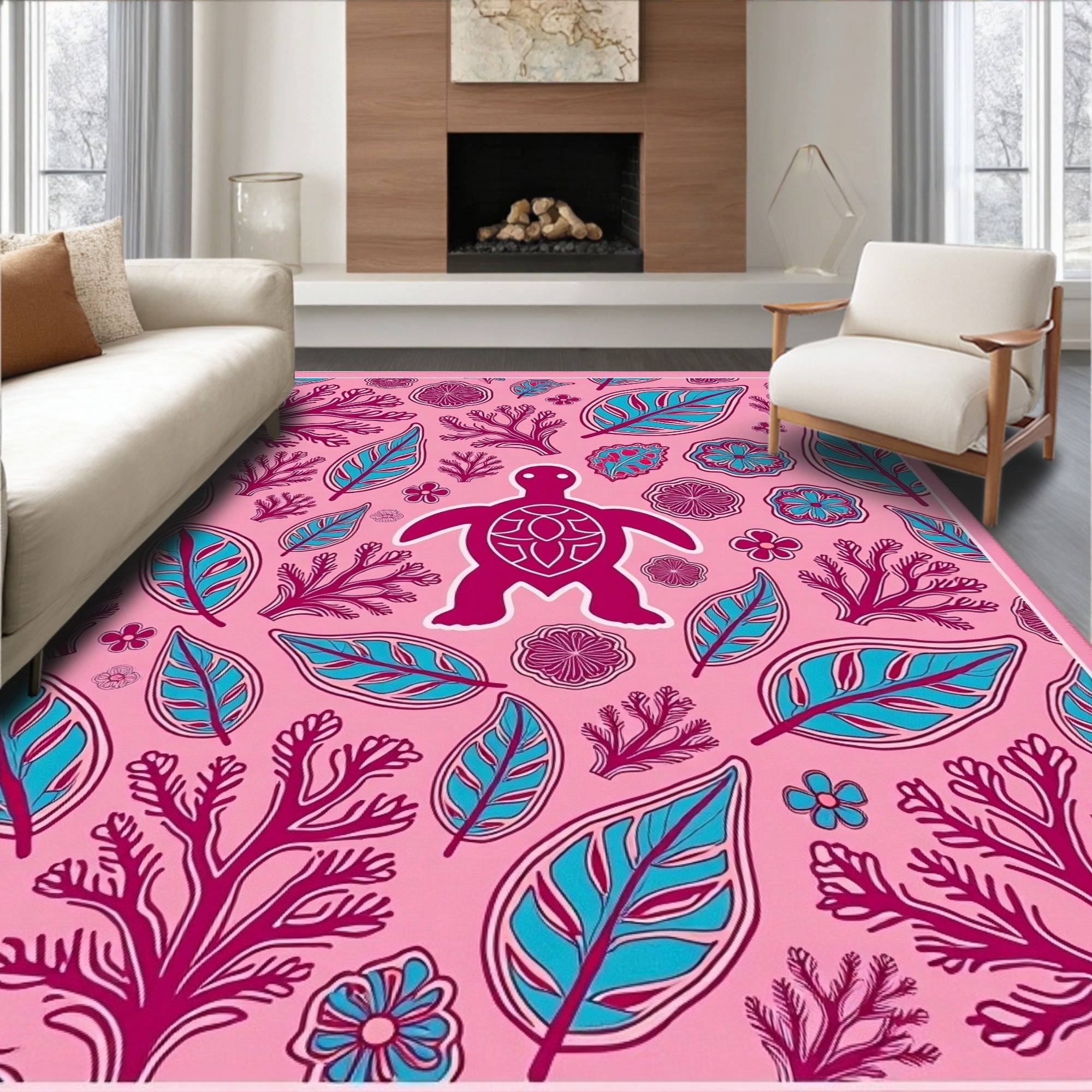 Pink Teal Turtle Coral Leaf Mandala Rug