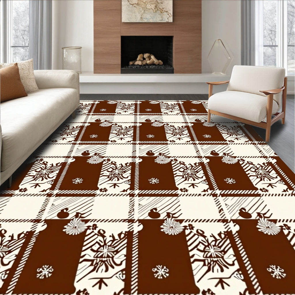 Chocolate Brown Ivory Plaid Floral Motif Rug