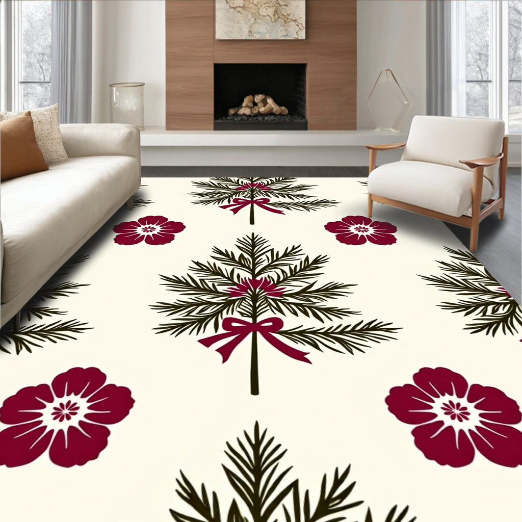 Crimson Floral Pine Bough Arrangement Rug