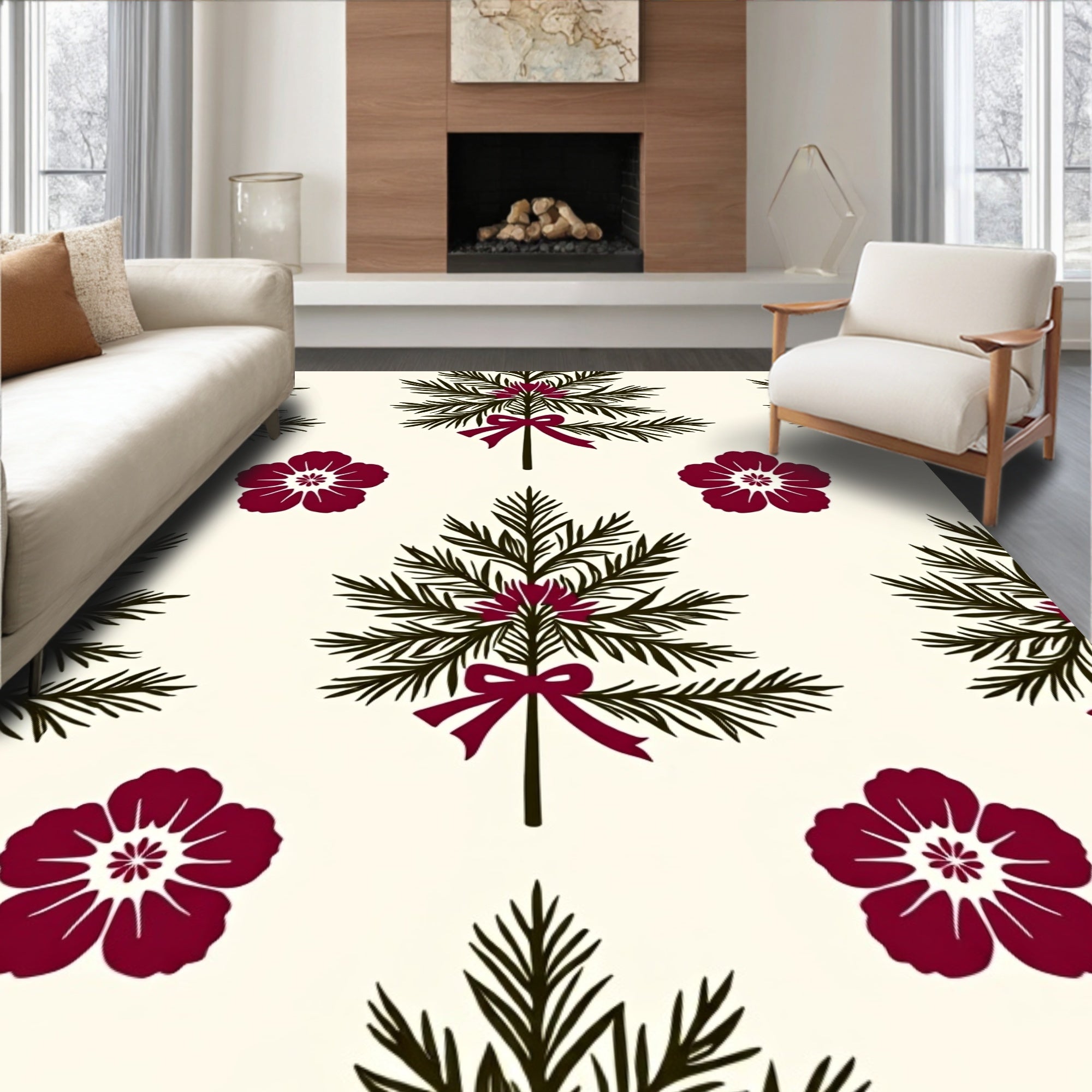 Crimson Floral Pine Bough Arrangement Rug