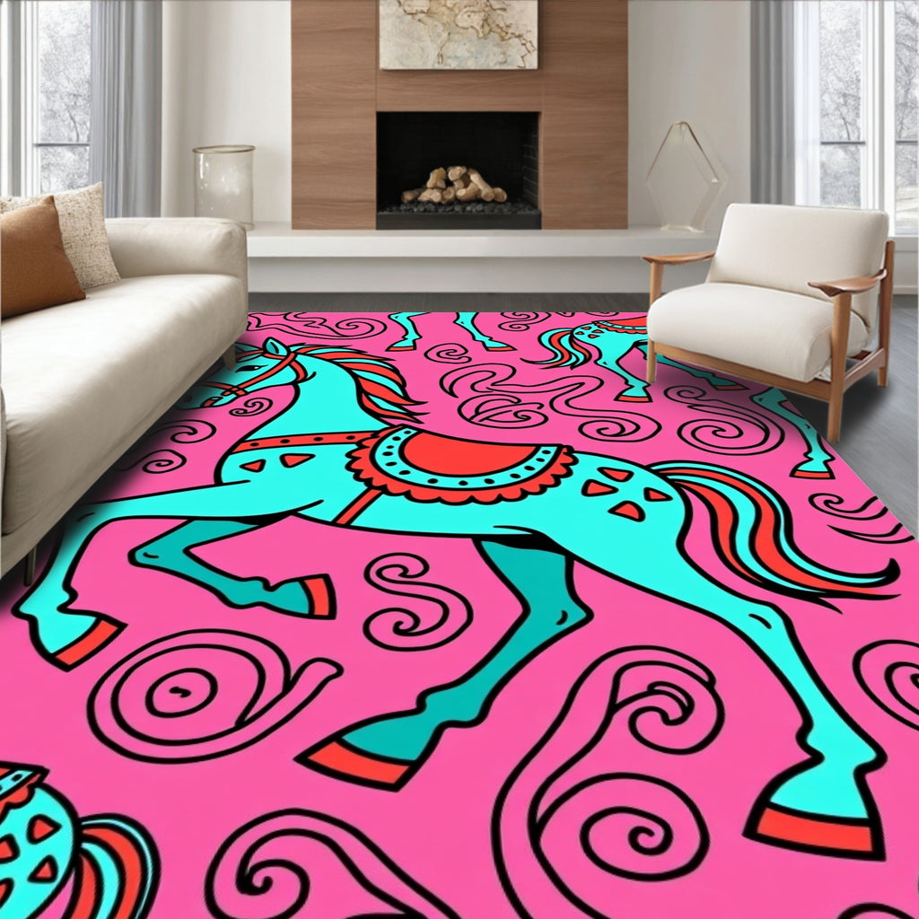 Aqua Pink Carousel Horse Swirls Rug