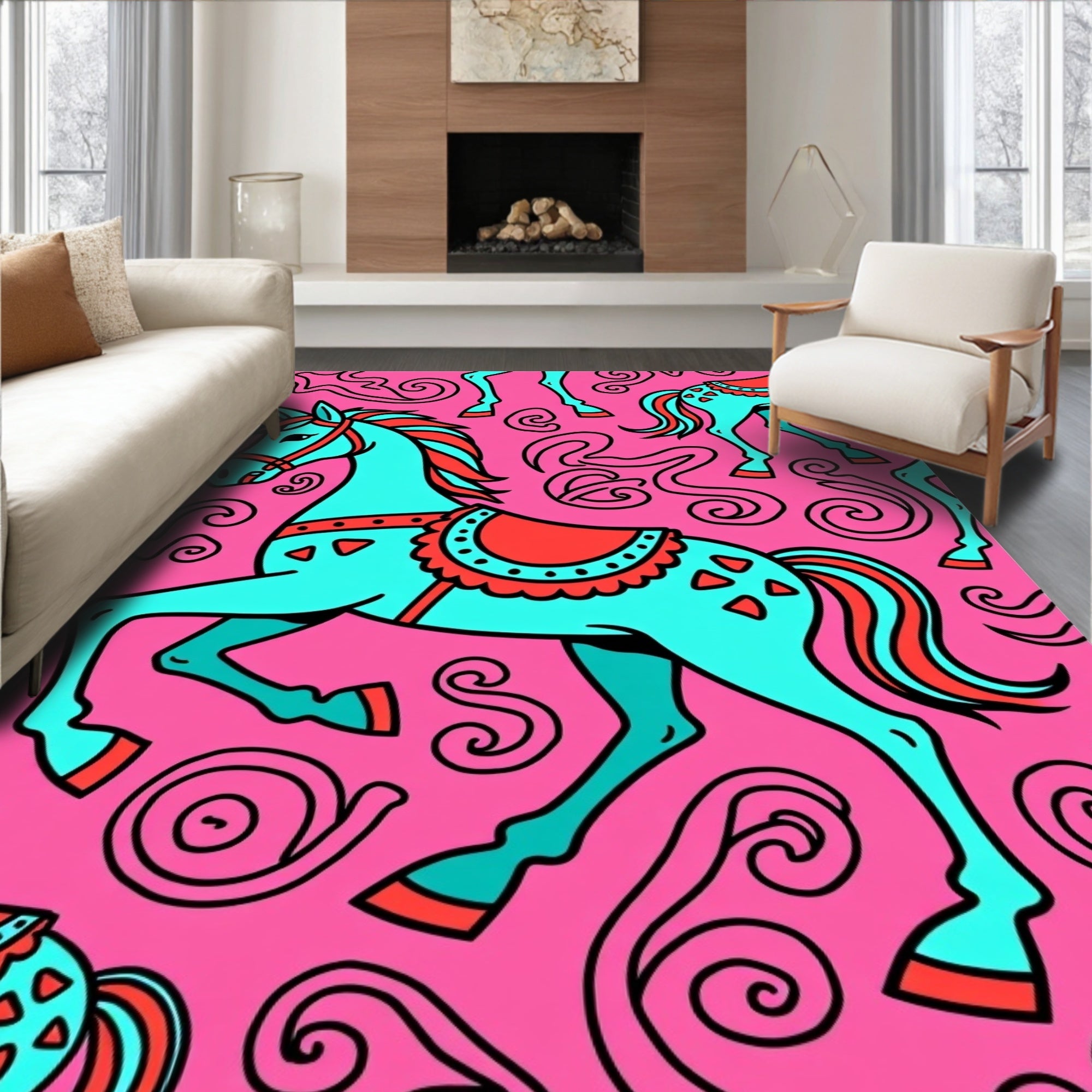 Aqua Pink Carousel Horse Swirls Rug