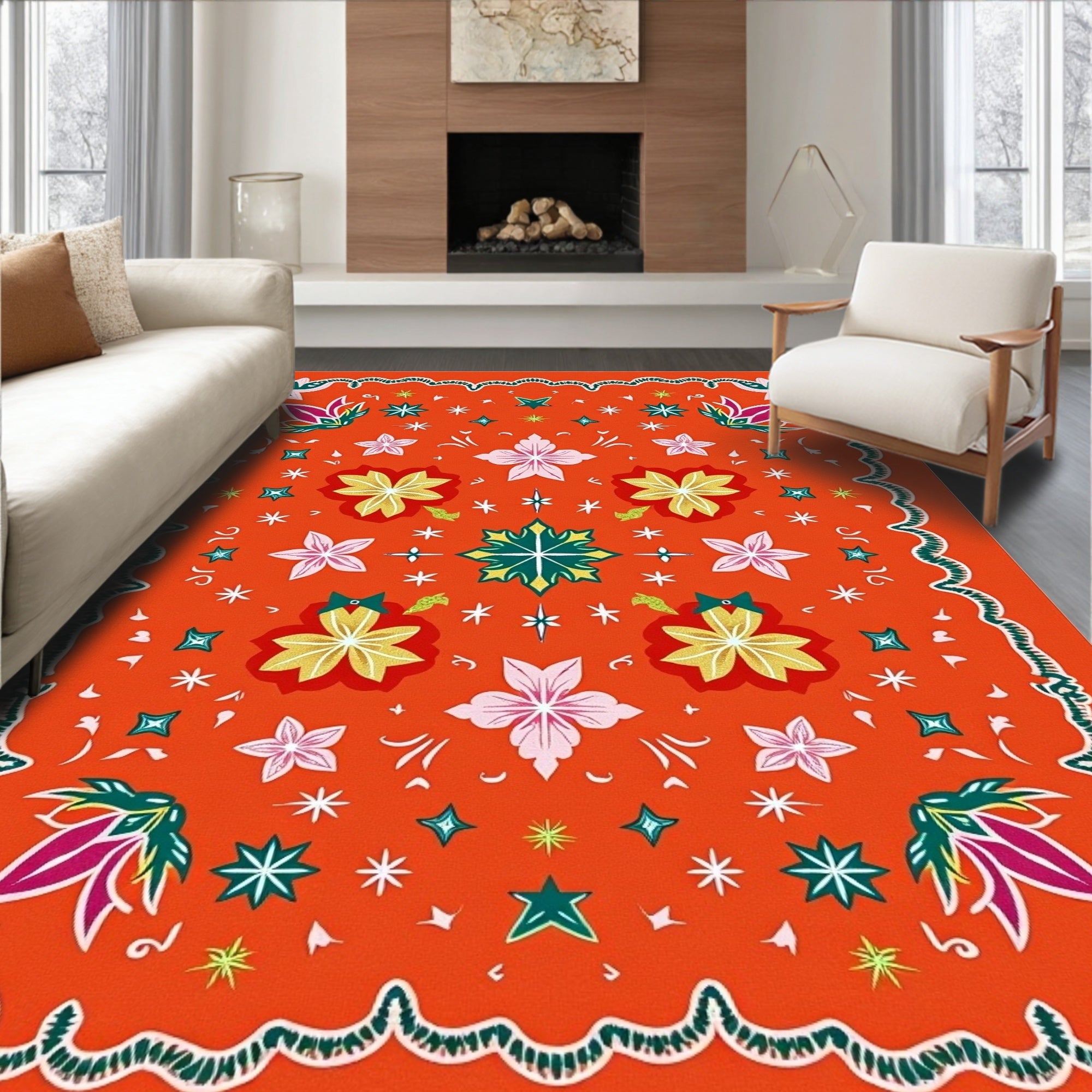 Orange Floral Burst Star Medallion Rug